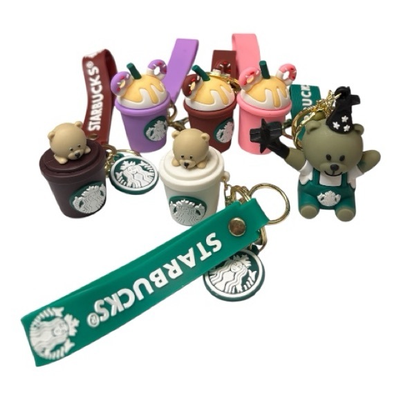 Starbucks Accessories - 6 Starbucks Green Strap Keychain Set with Pastel Drink and Bear Charms